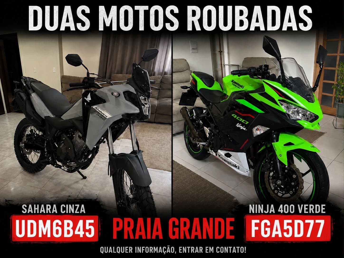 Cartaz feito pela família com as fotos e as placas das duas motocicletas: Sahara cinza UDM6B45 e Ninja 400 verde FGA5D77, em Praia Grande.